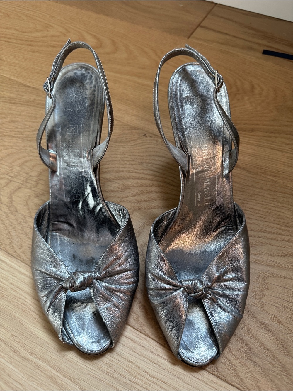 Bruno Magli Metallic Silver Knotted Peep-Toe Slingback Heels
